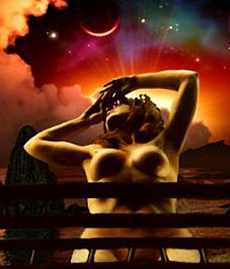 Naked woman on balcony by moonlight